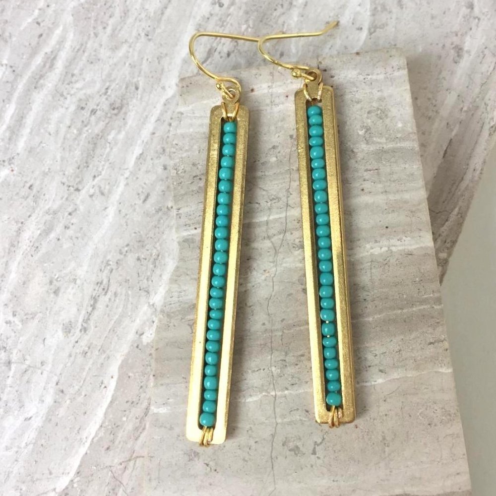 Long gold bar w/ Turquoise Earrings